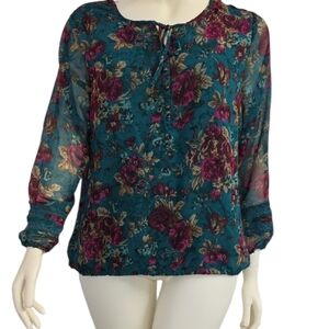Roz & Ali Floral Green Burgundy Multicolor Crochet Lace Blouse